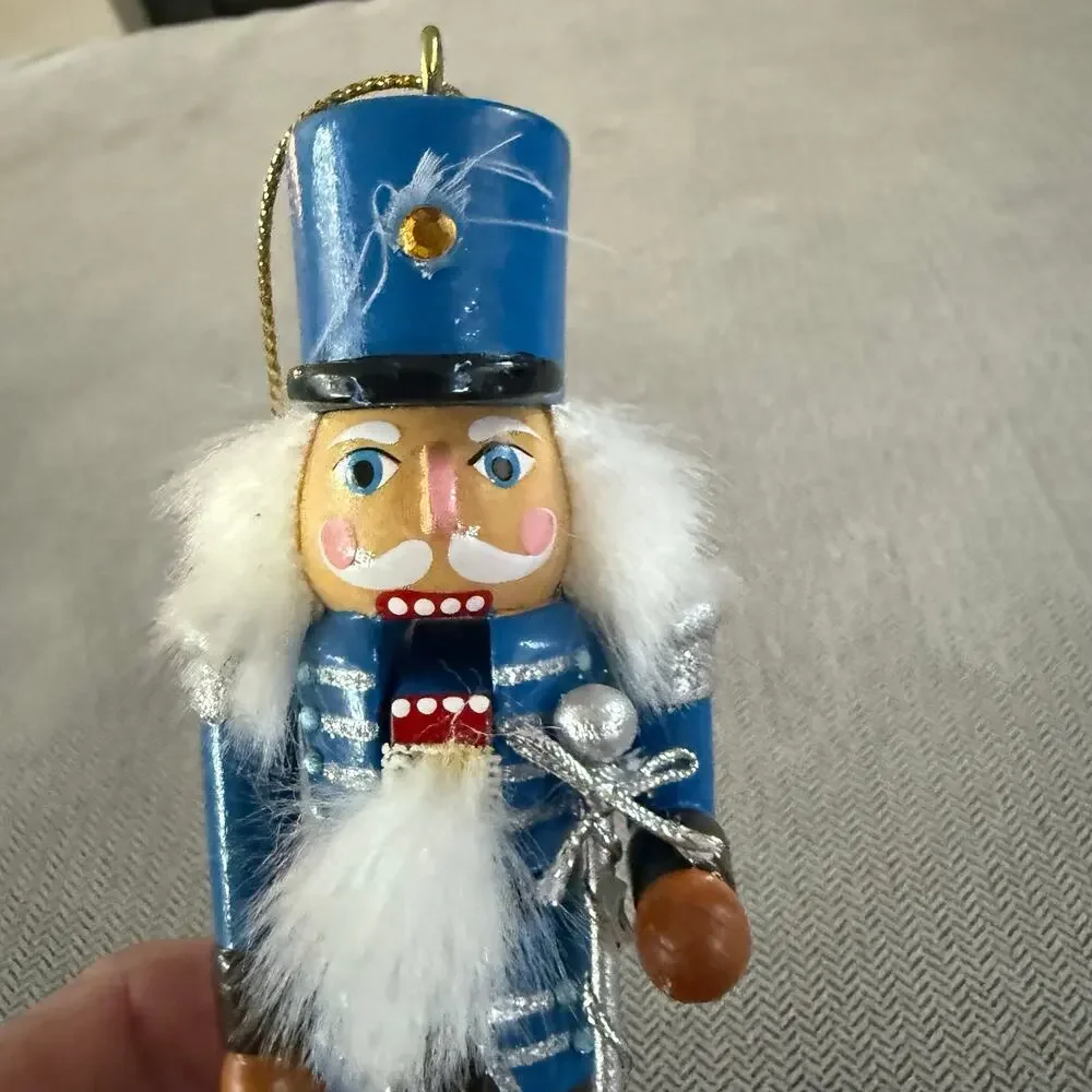 Blue Wooden Nutcracker Christmas Ornament Soldier Sword White Hair Holiday Decor